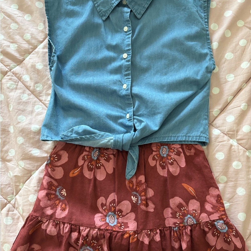 Carter's 2-Piece Pink Floral Skirt and Chambray Sleeveless Shirt